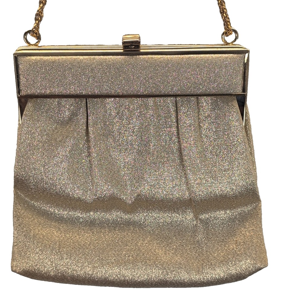 Vintage Metallic Gold Pleated Clutch Purse Clasp Closure Chain Strap